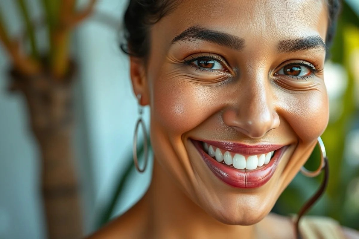 Mulher brasileira 30+ sorrindo com pele radiante. Skincare eficaz.