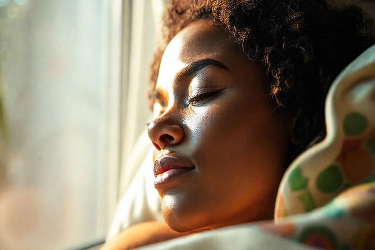 Mulher brasileira acorda com a luz do sol, expressao serena