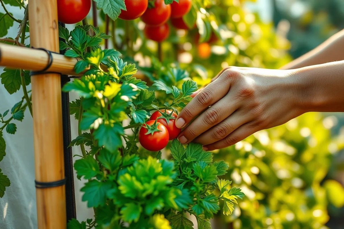Mãos de mulher cuidando de horta vertical com mudas de tomate e alface.
