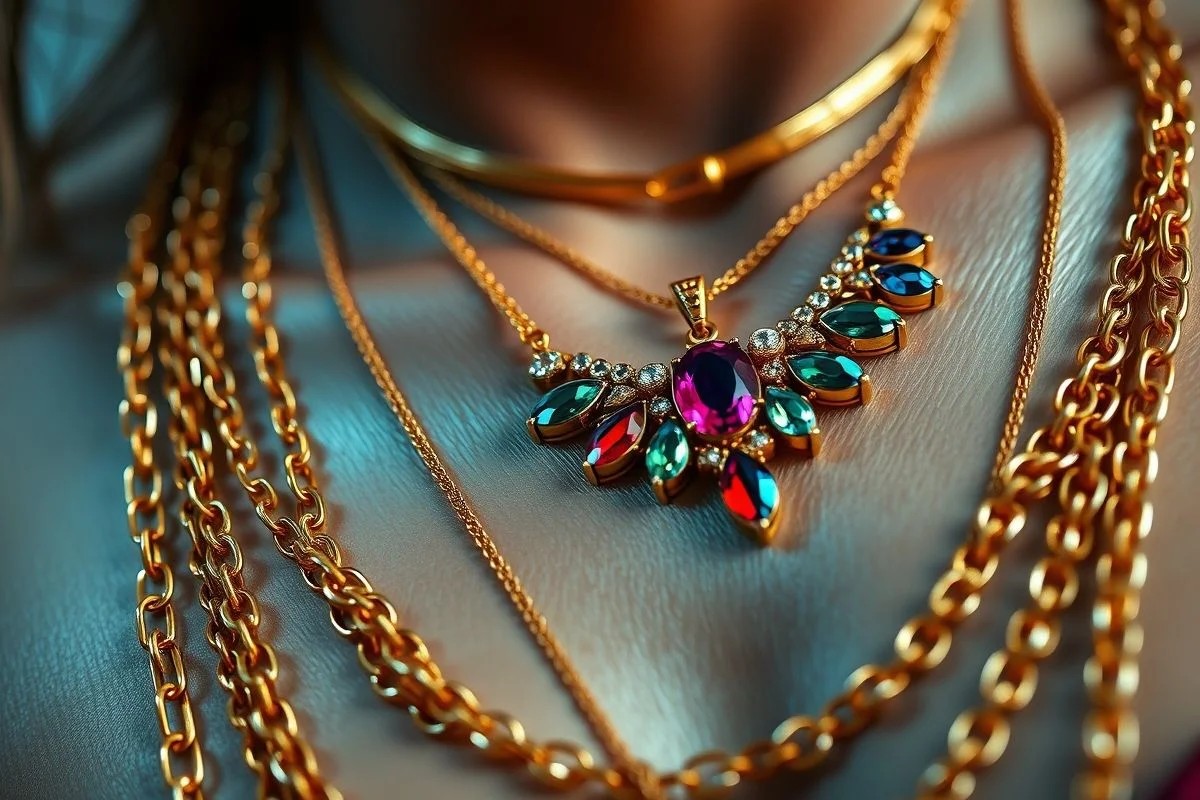 Colares diversos: corrente dourada, colar com pedras coloridas e choker.
