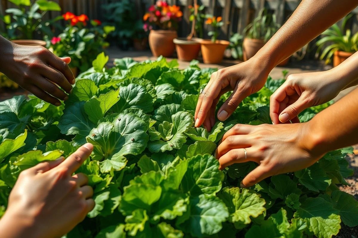 Mãos inspecionando horta em busca de pragas, folhas com sinais de infestação.