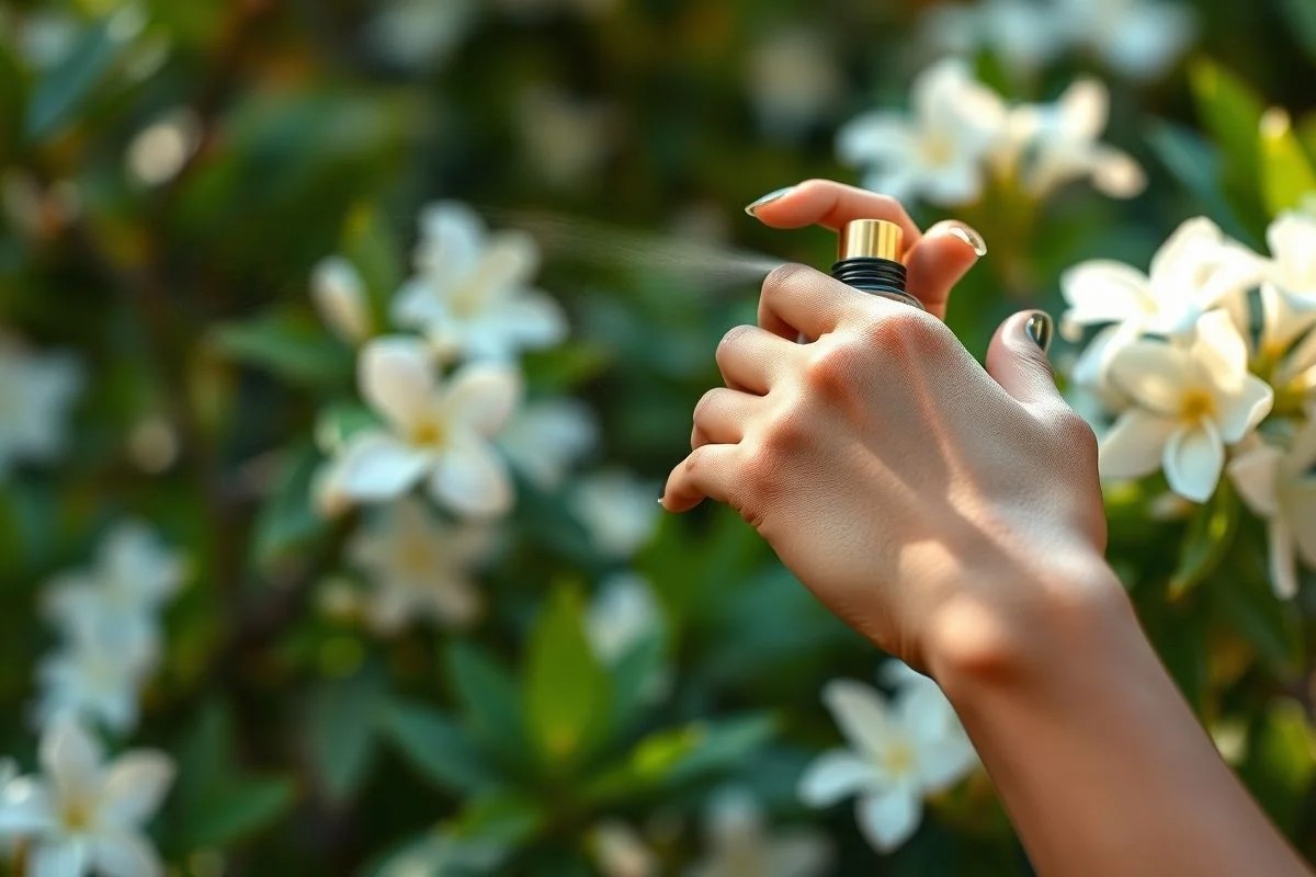Mulher aplicando perfume floral no pulso com jasmim ao fundo. Essência delicada.