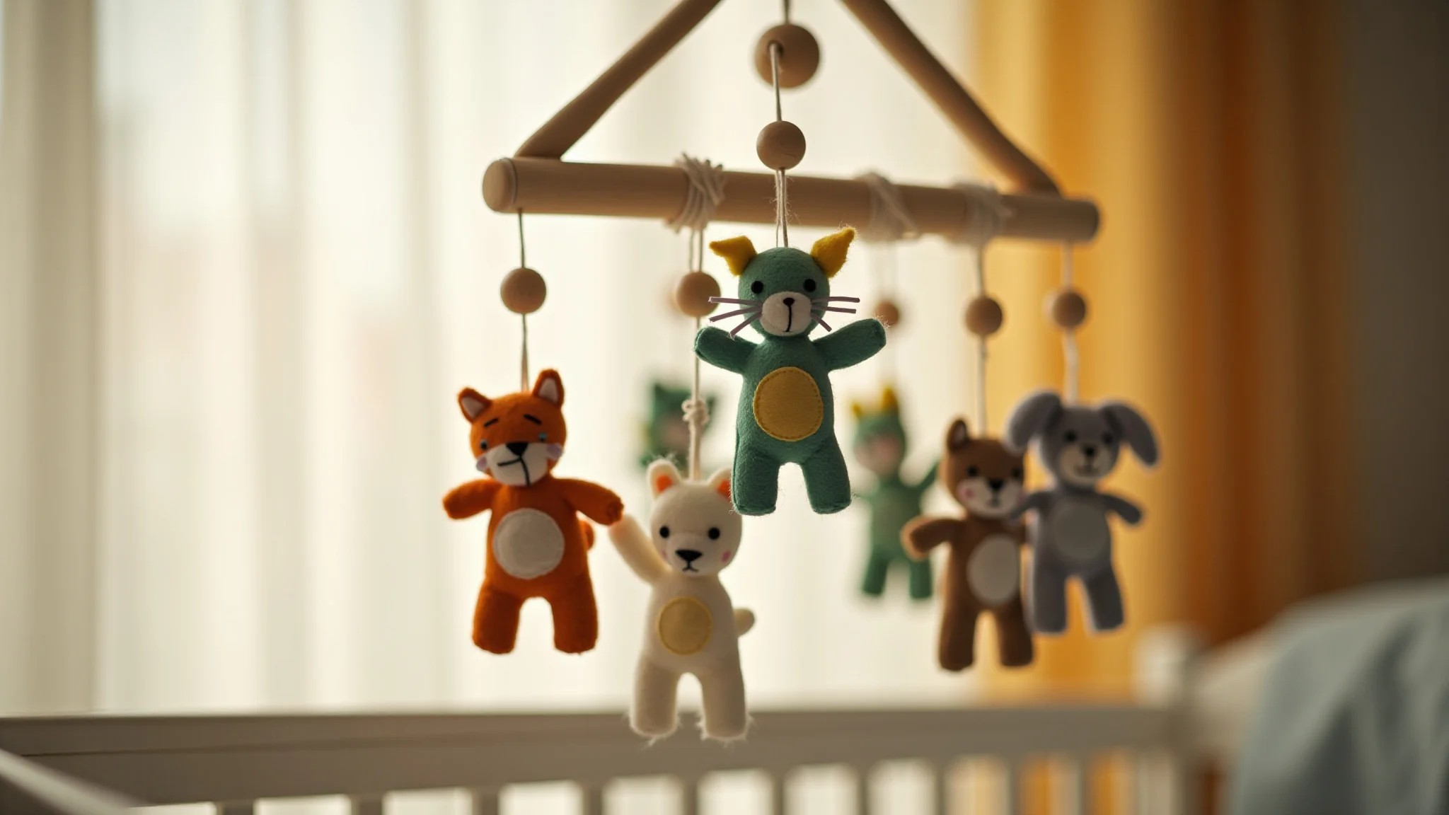 Móbile DIY com animais de feltro e contas de madeira em quarto infantil.