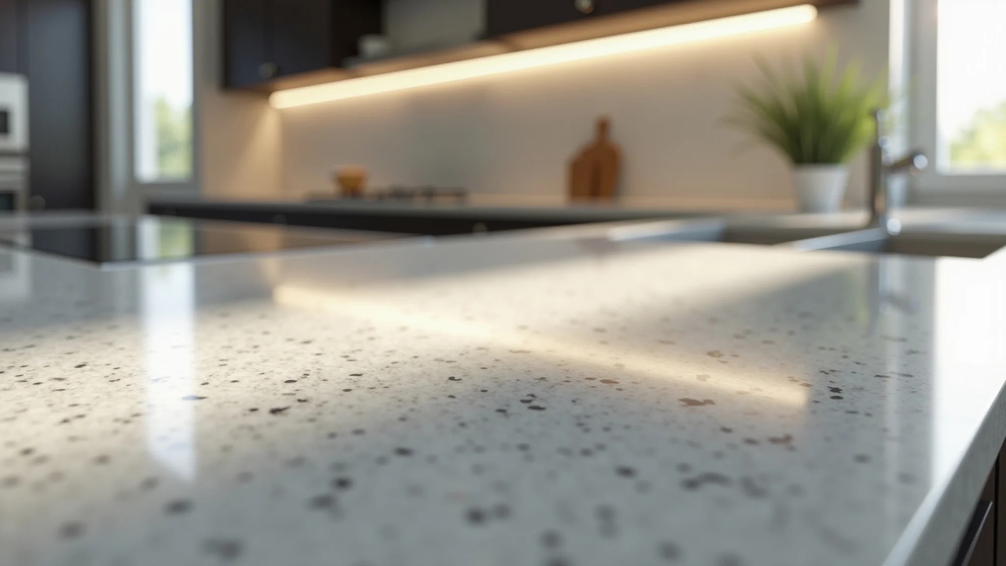 Detalhe de uma bancada de porcelanato resistente a manchas e riscos em cozinha moderna.