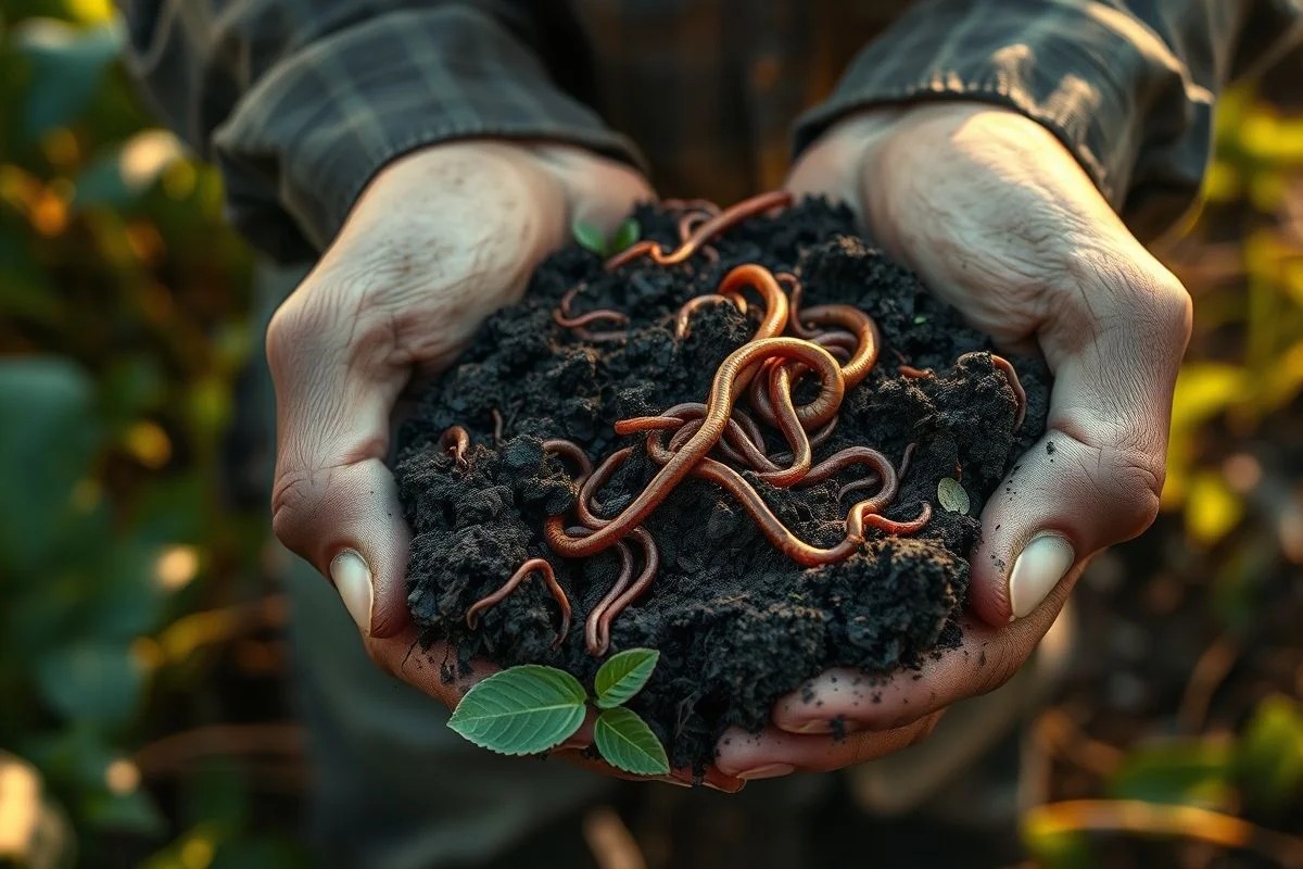 Mãos de agricultor segurando solo fértil com minhocas.