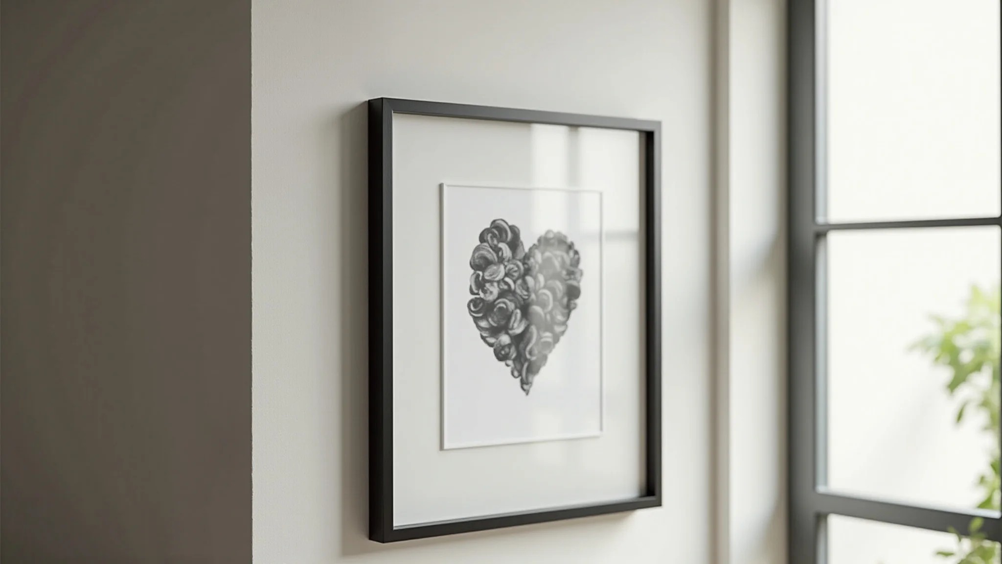 Detalhe de quadro com proteção UV em home office iluminado.