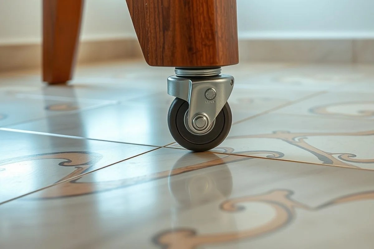 Rodízio de nylon em piso de cerâmica, ideal para pisos frios.