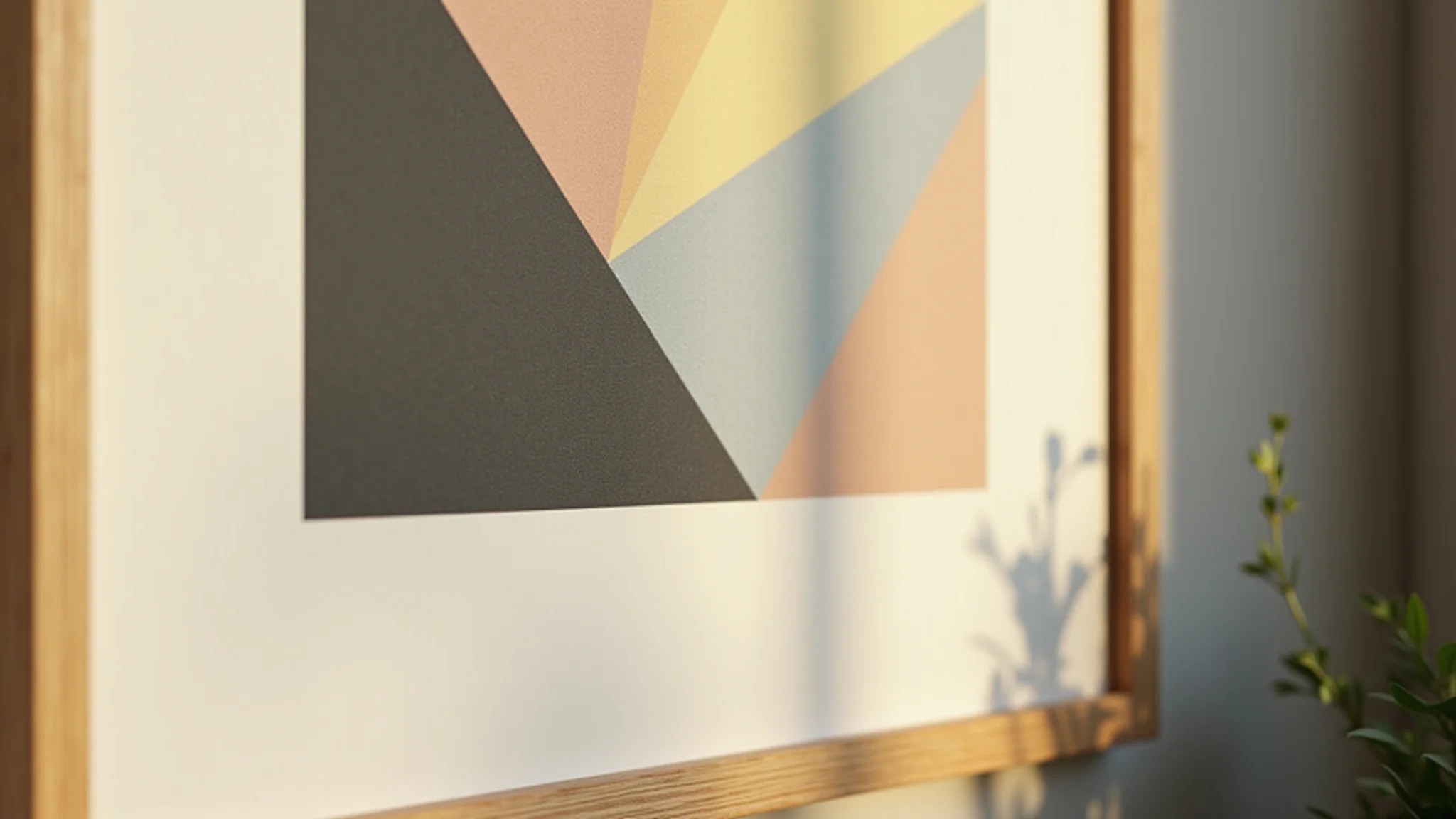 Detalhe de quadro geométrico em home office, moldura de madeira, luz suave.