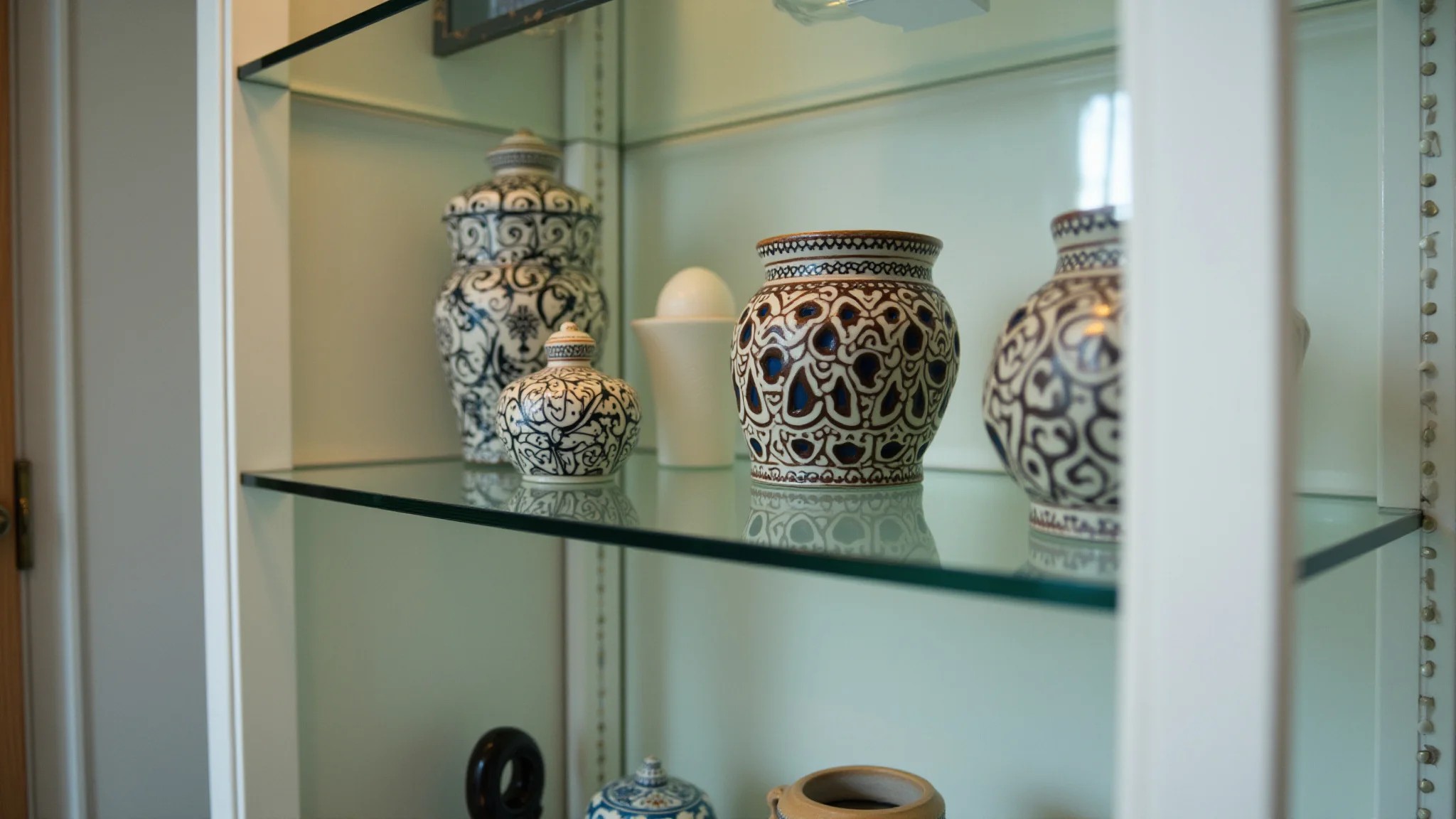 Detalhe de cristaleira de vidro exibindo objetos decorativos em estilo brasileiro.
