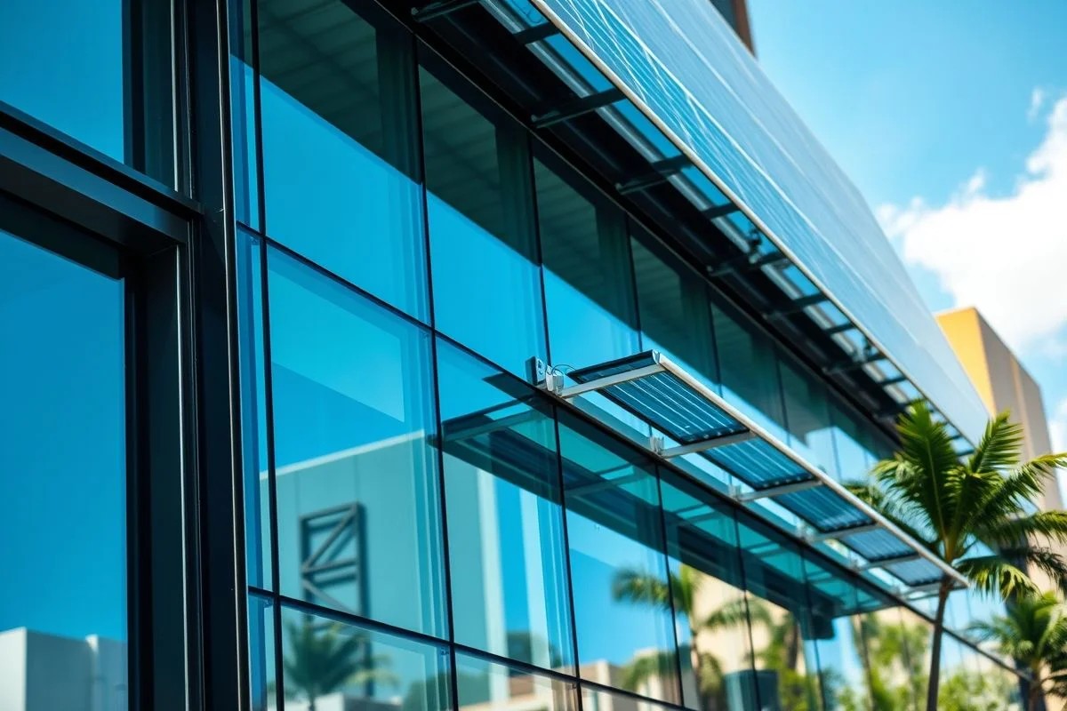 Fachada de vidro com painéis solares e sistema de captação de água