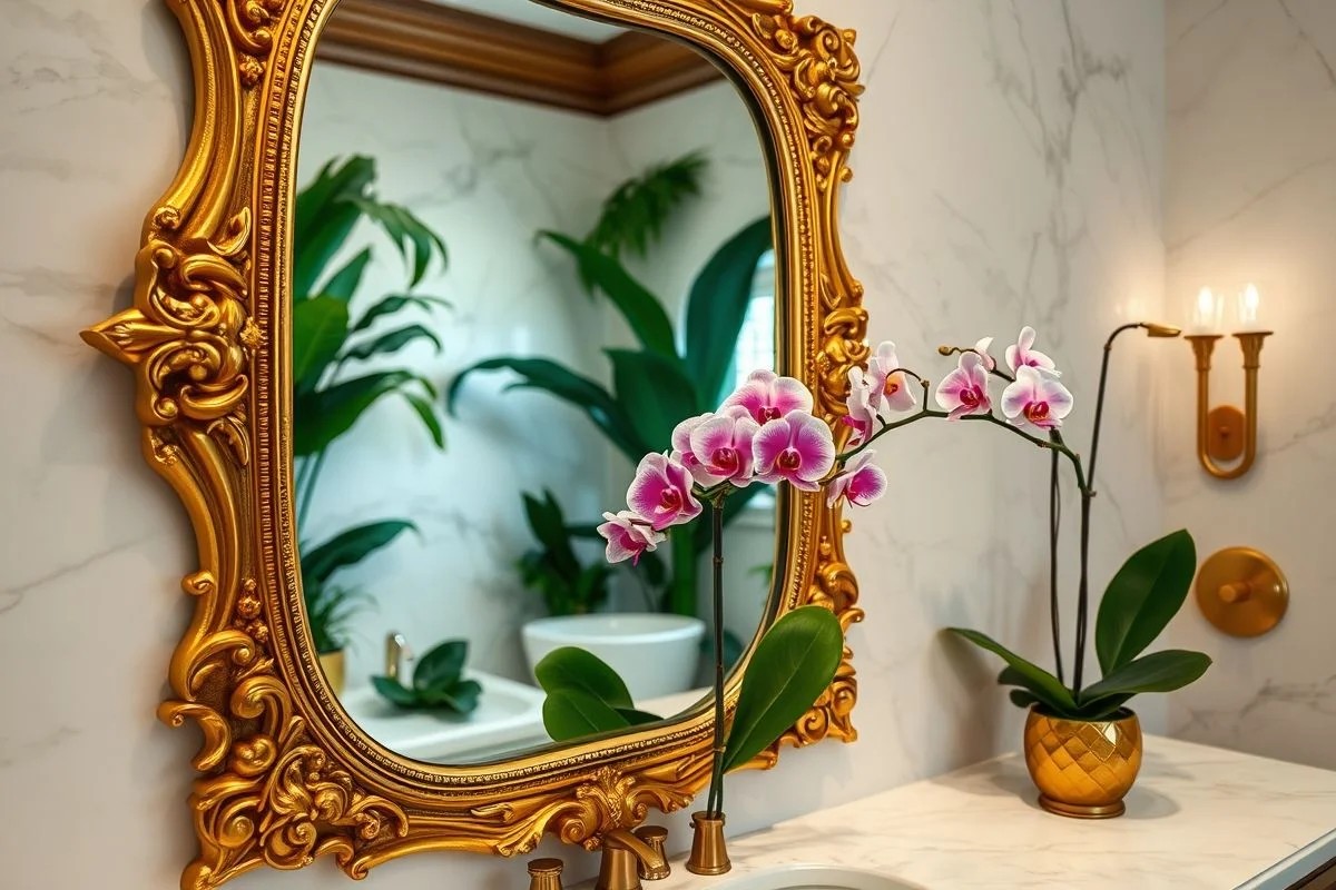Espelho com moldura dourada refletindo banheiro com plantas e mármore branco