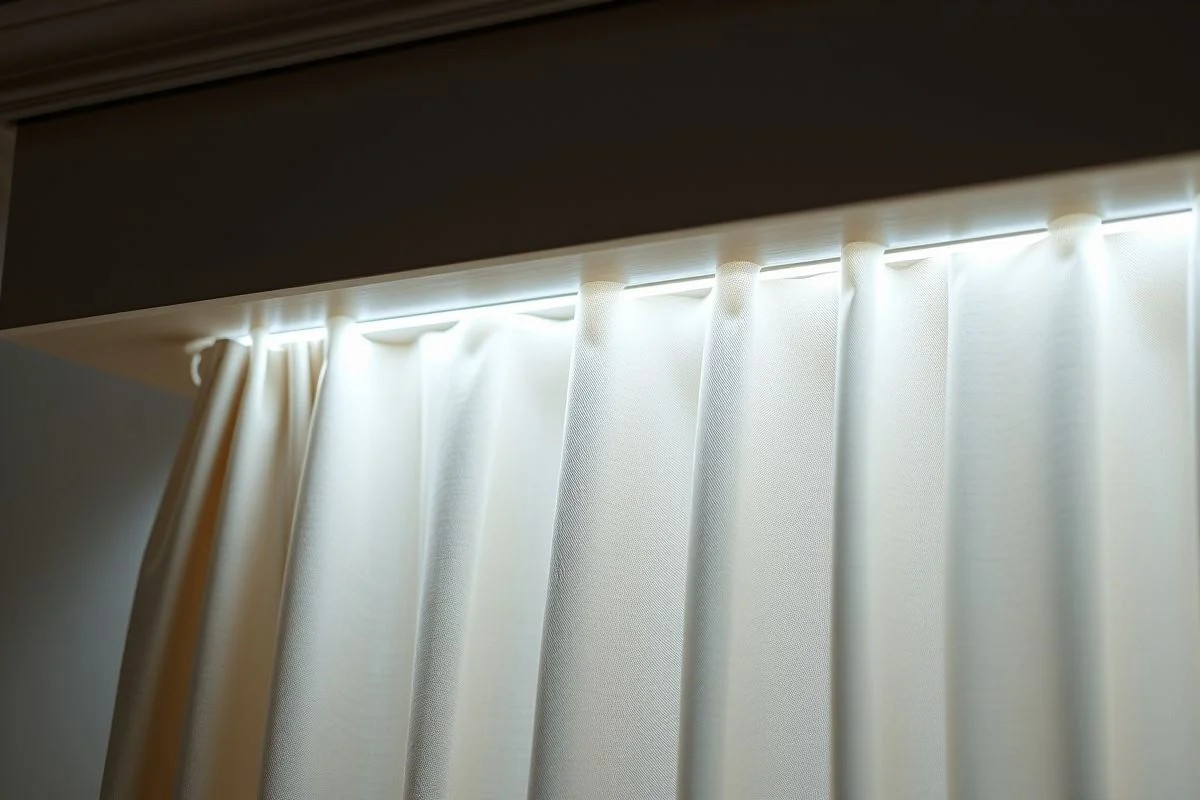 Detalhe de cortineiro de gesso com fita de LED e cortina de linho.