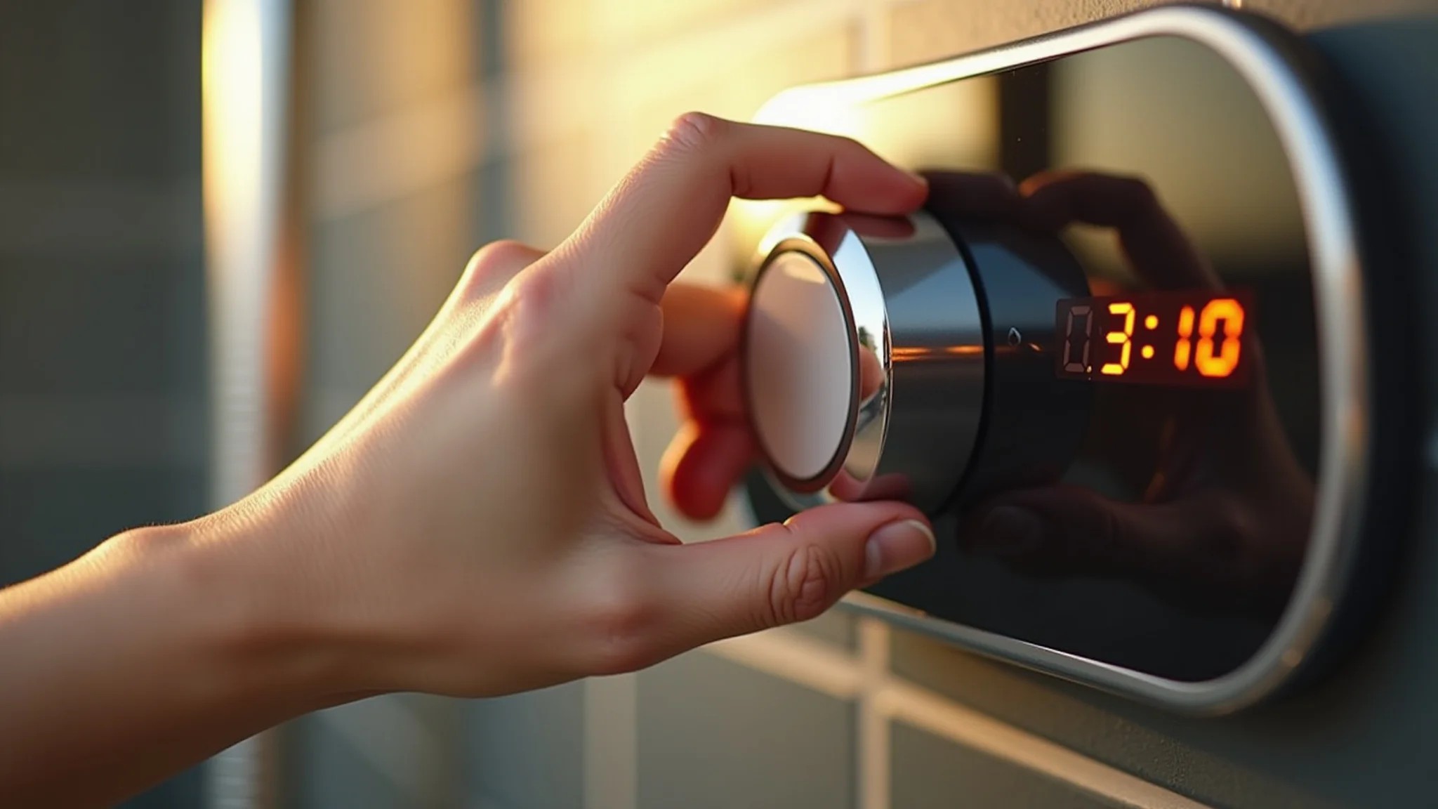 Mão ajustando a temperatura de um chuveiro elétrico moderno com display digital.