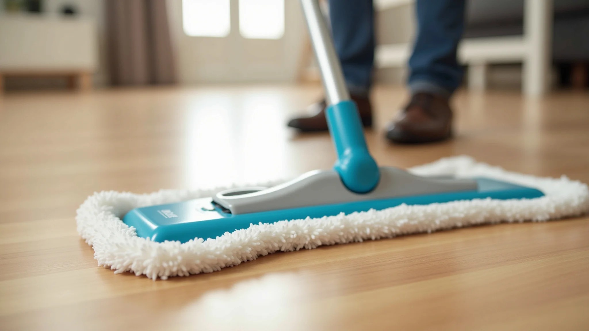Mão limpando um piso laminado de madeira com um esfregão.