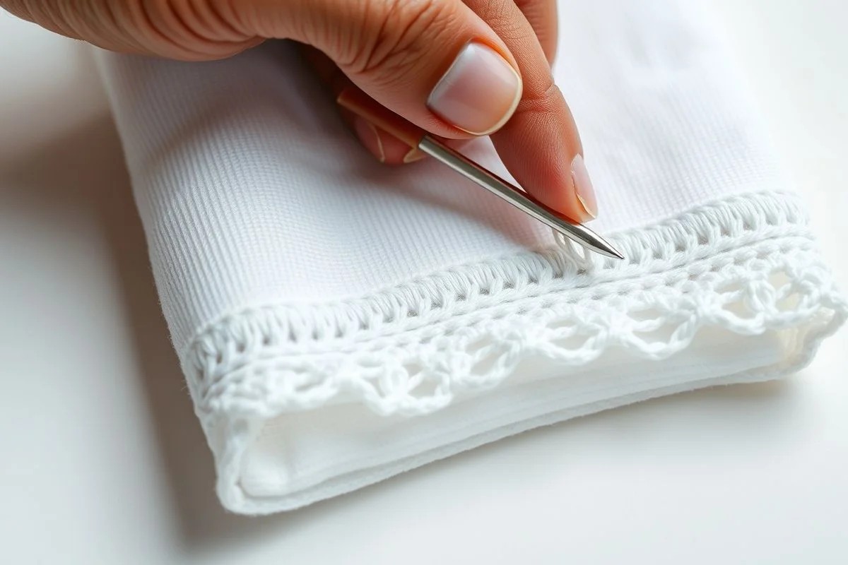 Mão crocheteando bico picô simples em pano de prato branco, tutorial de crochê.