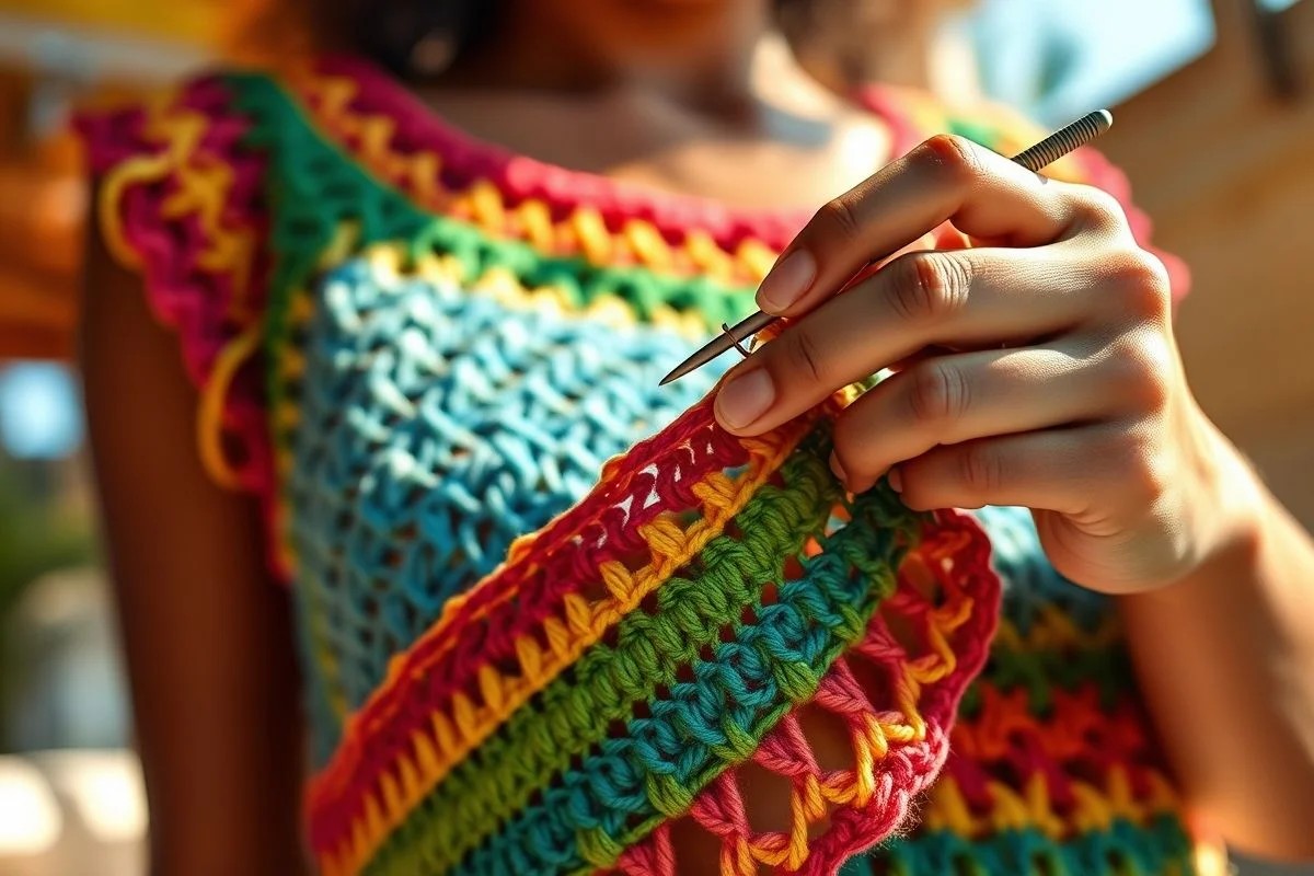 Detalhe de mão crocheteando top colorido, artesanato brasileiro.