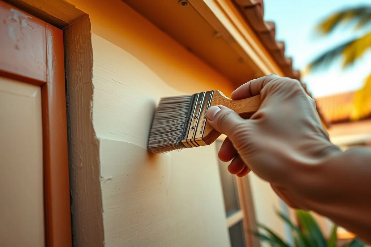 Mão pintando fachada com amostra de cor bege, representando a escolha de cores para exteriores.