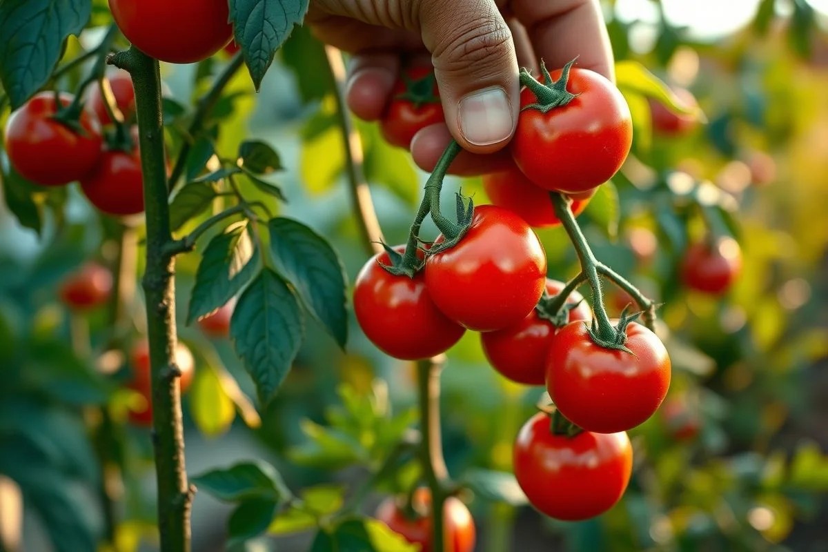 Colhendo tomates vermelhos maduros em jardim no Brasil.