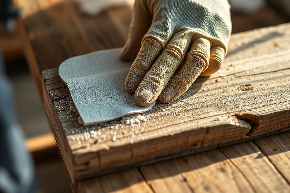 Lixando pallet com luvas, preparando madeira para cabeceira