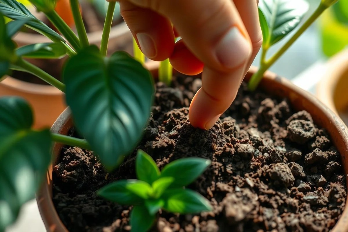 Mão testando a umidade do solo de uma planta em vaso.