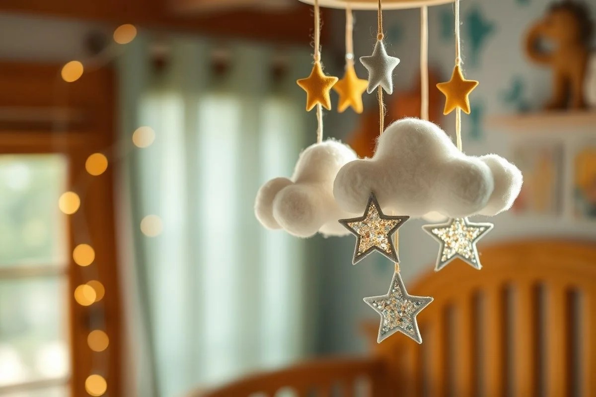 Móbile artesanal de nuvens e estrelas em feltro, decoração delicada para quarto de bebê.