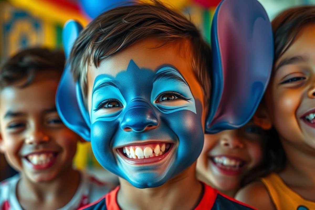 Criança brasileira com rosto pintado de Stitch sorrindo em festa infantil divertida e inclusiva no Brasil.