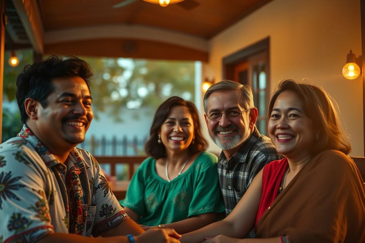 Família brasileira sorrindo em varanda protegida por tela mosquiteiro, desfrutando noite sem mosquitos.
