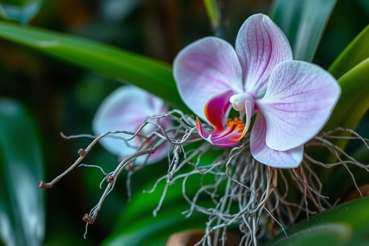 Raízes prateadas de orquídea Phalaenopsis, sinal de que precisa ser regada.