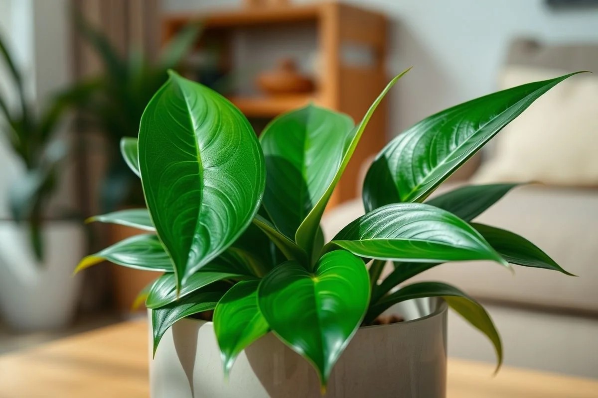 Zamioculcas exuberante em vaso moderno, com folhas brilhantes e saudáveis.