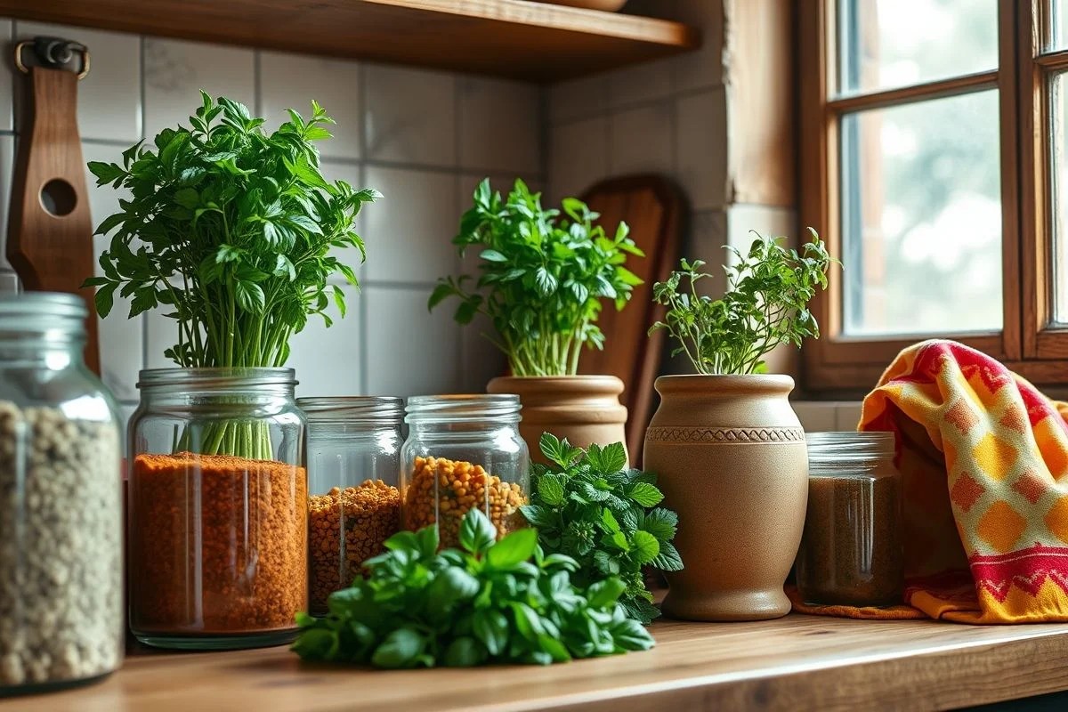 Especiarias coloridas e ervas em cozinha brasileira, iluminação natural.