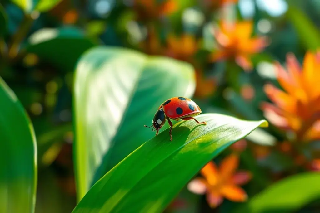 Joaninha vermelha em folha verde, controle natural de pragas no jardim brasileiro.