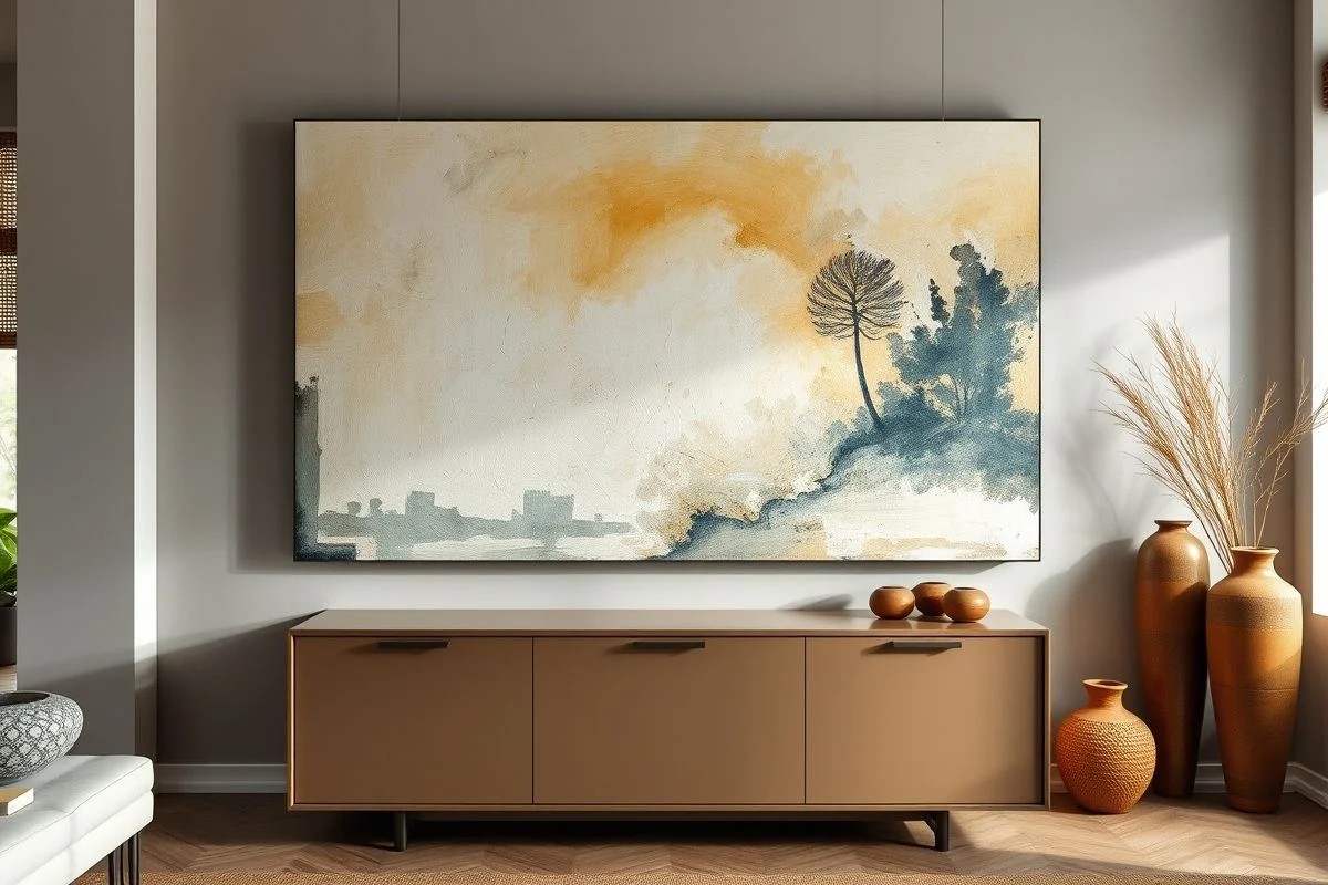Quadro grande sobre aparador mostrando proporção ideal na decoração.