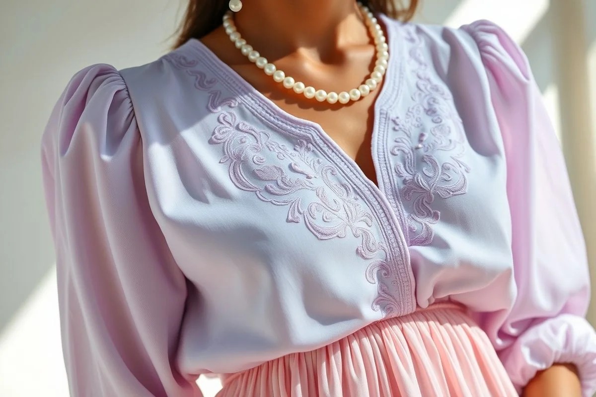 Blusa lavanda com saia rosa bebê e acessórios em pérola. Look romântico e delicado.