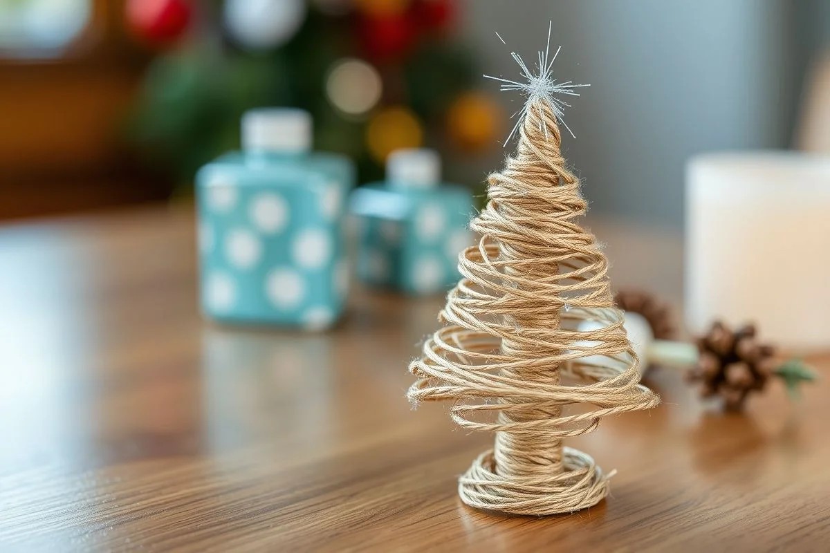Mini árvore de Natal feita de barbante e cola, decorada com glitter.