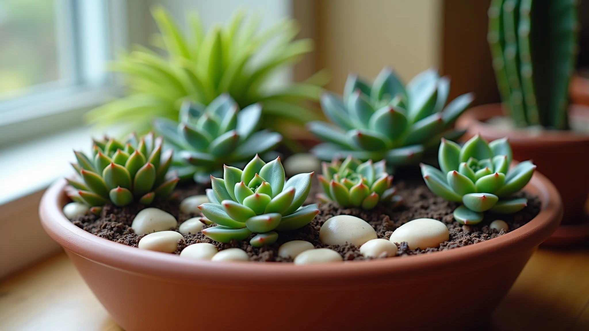 Close-up de mini jardim de inverno com suculentas e cactos, com foco nítido.