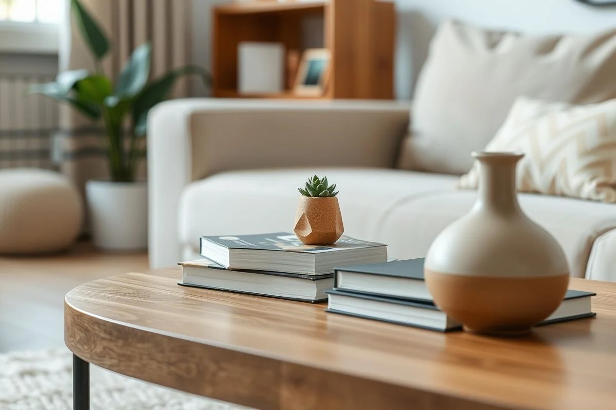 Mesa de centro minimalista com livros, planta e vaso cerâmico