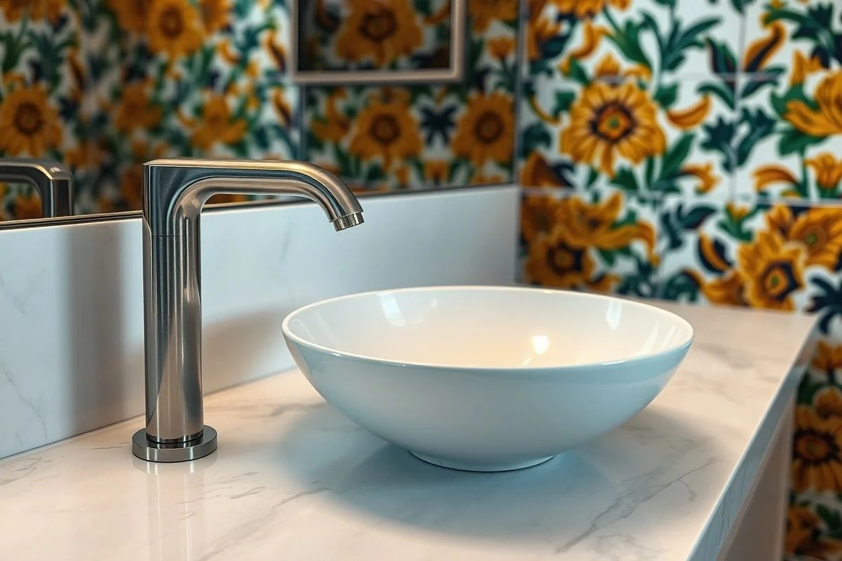 Banheiro moderno com torneira de design e bancada de mármore no Brasil.