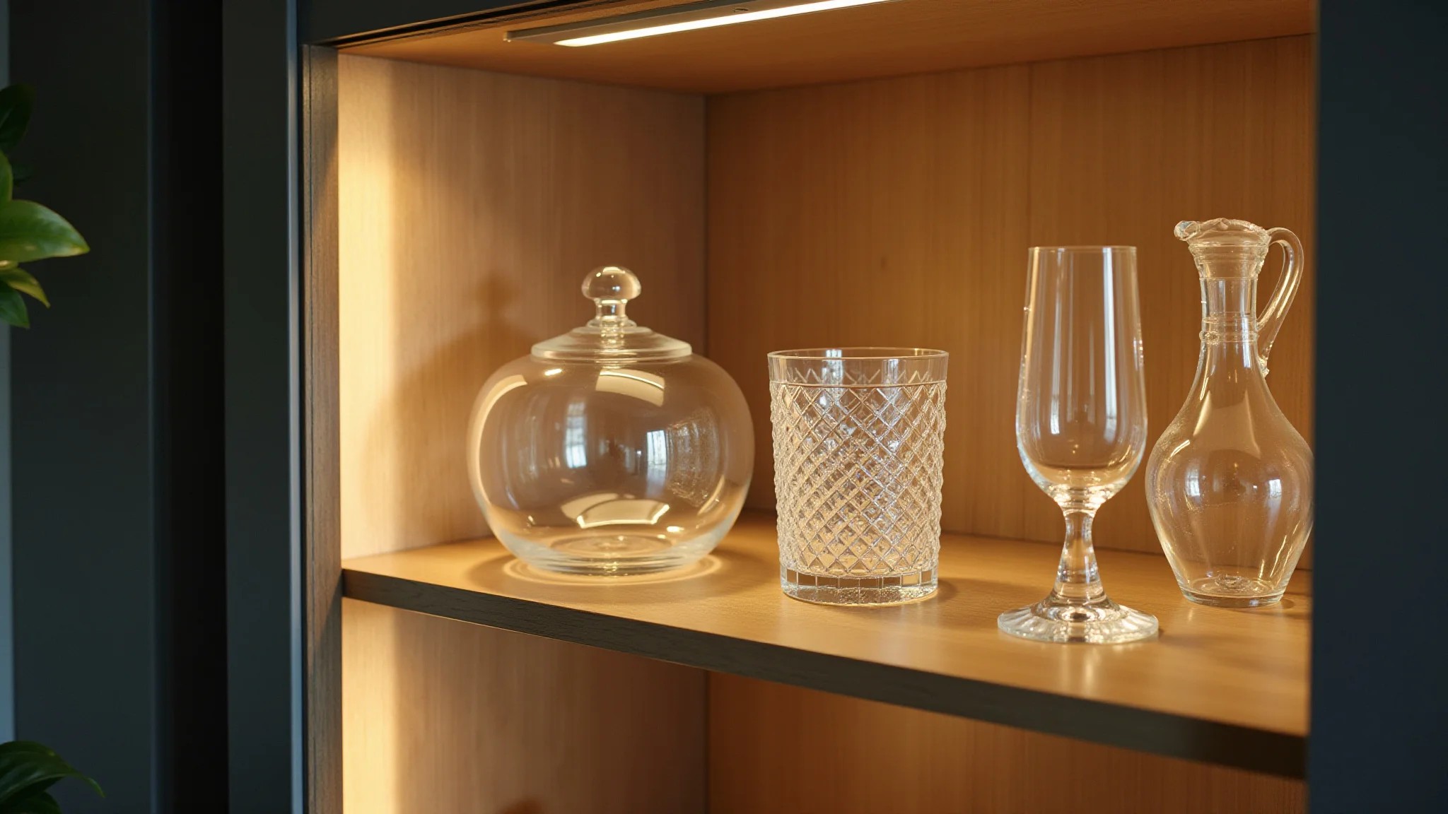 Detalhe de cristaleira moderna com coleção de cristais vintage e contemporâneos.