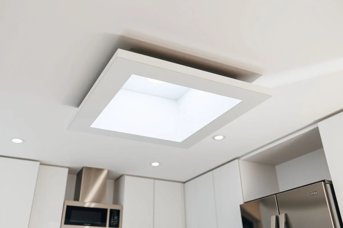 Plafon de embutir quadrado em cozinha minimalista brasileira, design clean e integração perfeita no teto.