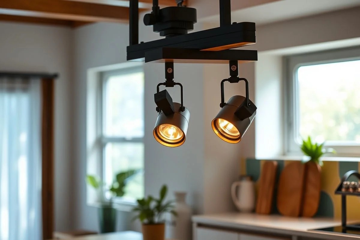 Detalhe de trilho de luz LED moderno iluminando bancada de cozinha.