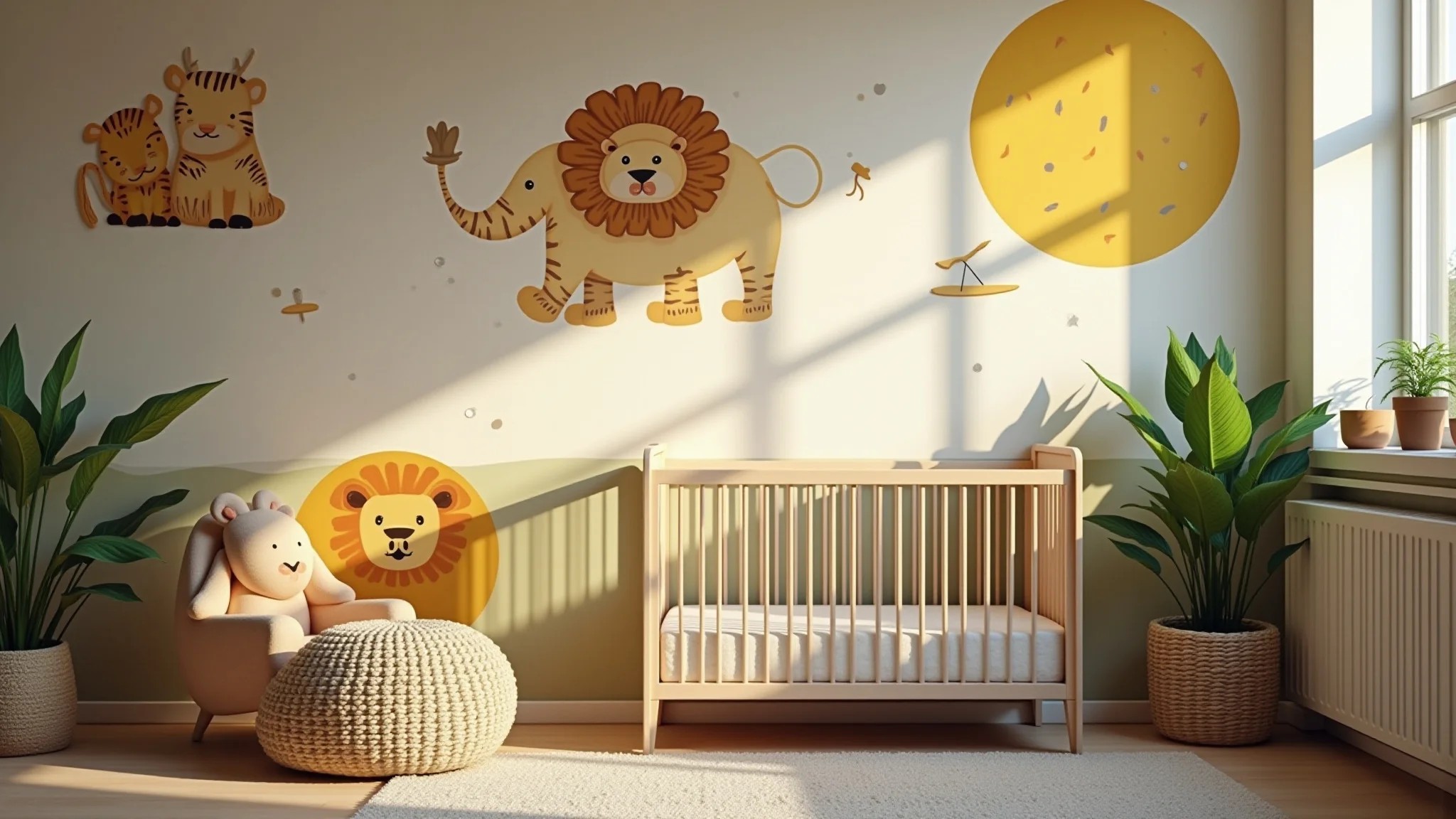 Parede do quarto de bebê com cores terrosas e estampas de animais da savana.