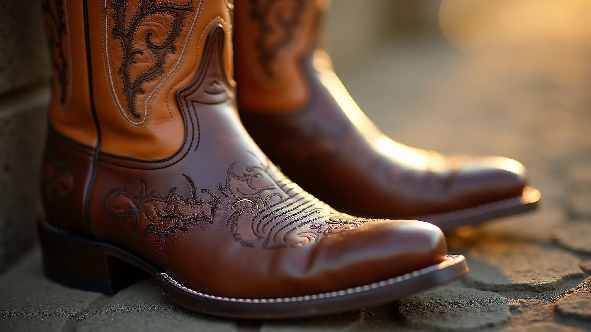 Detalhe de botas de cowboy de couro marrom com bordados intrincados.