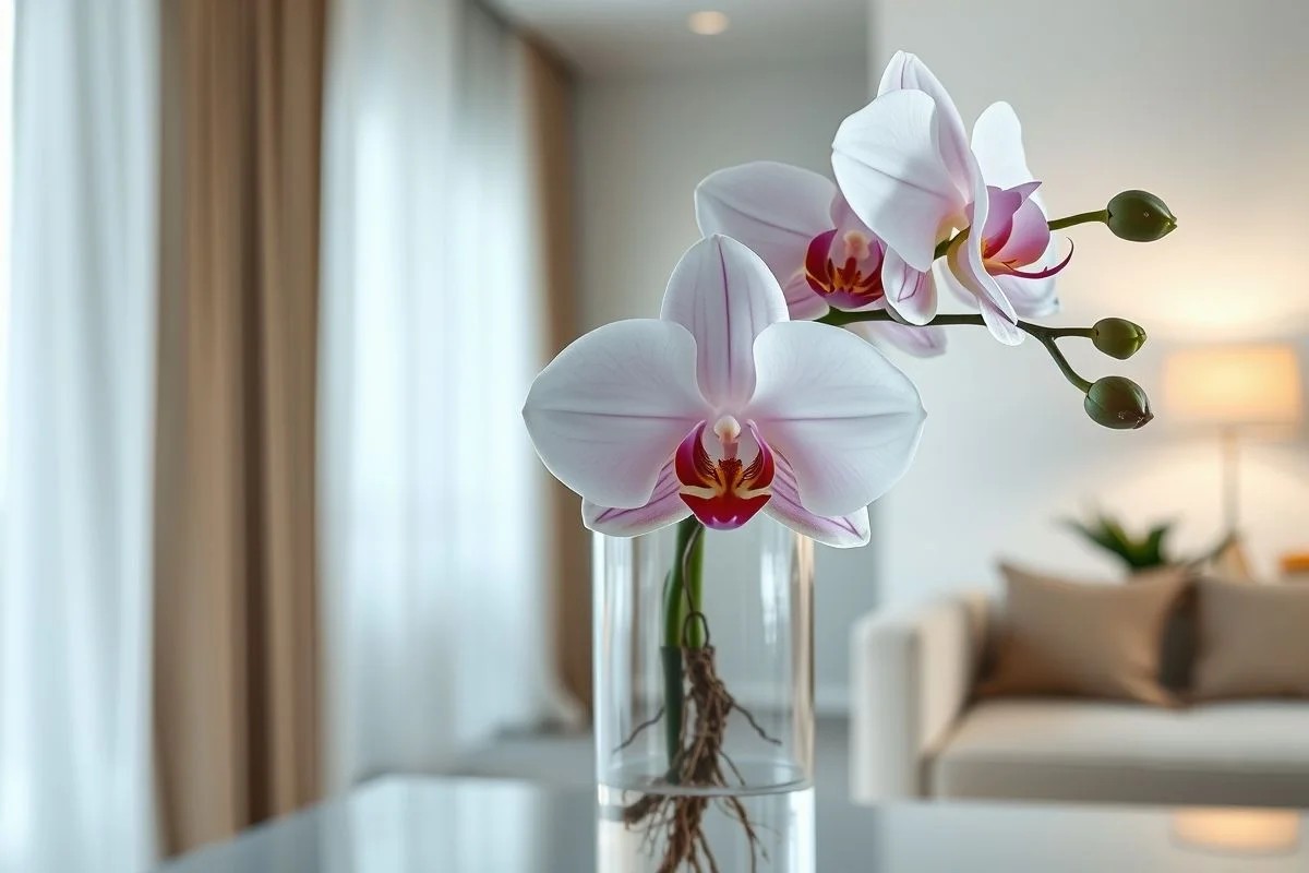 Orquídea Phalaenopsis em vaso de vidro, com raízes visíveis sob luz suave.