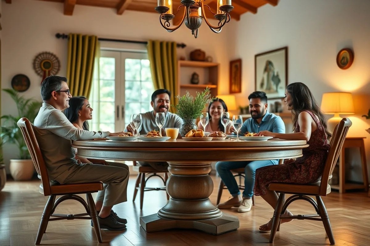 Mesa de jantar redonda com base em pedestal em sala de jantar brasileira
