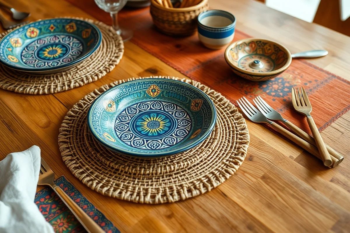 Mesa rústica brasileira com louça de cerâmica e detalhes naturais.