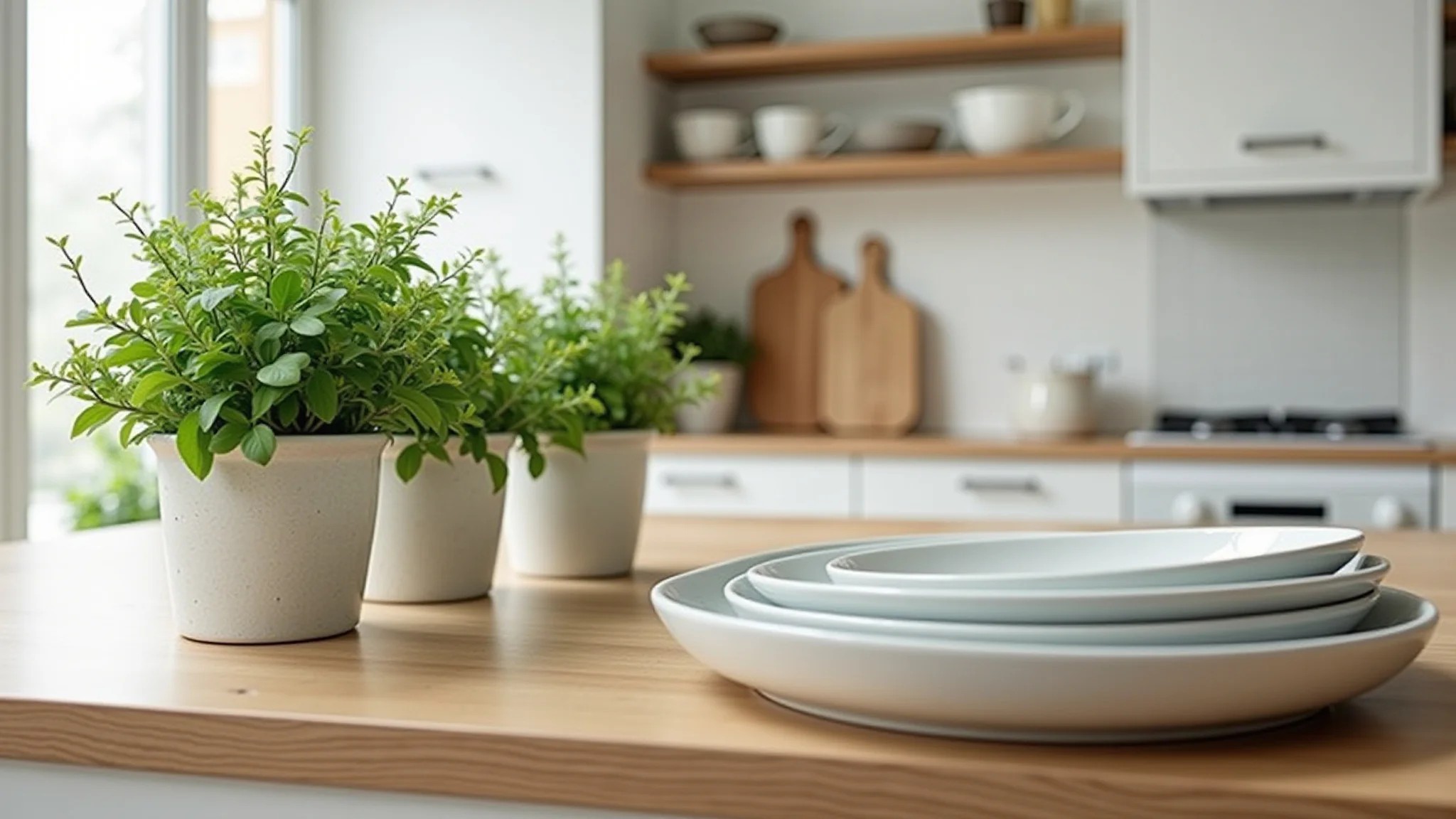 Detalhe de cozinha escandinava com ervas frescas e louça branca.