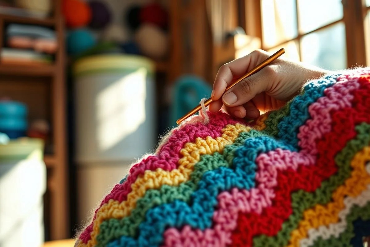 Artesã brasileira crocheta manta chevron colorida, detalhes do crochê.