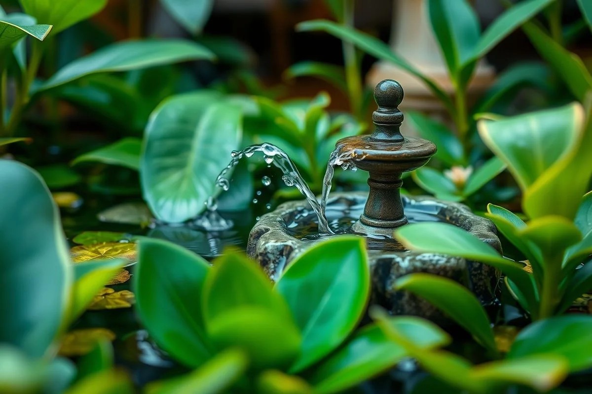 Fonte decorativa com plantas aquáticas em jardim tranquilo no Brasil.
