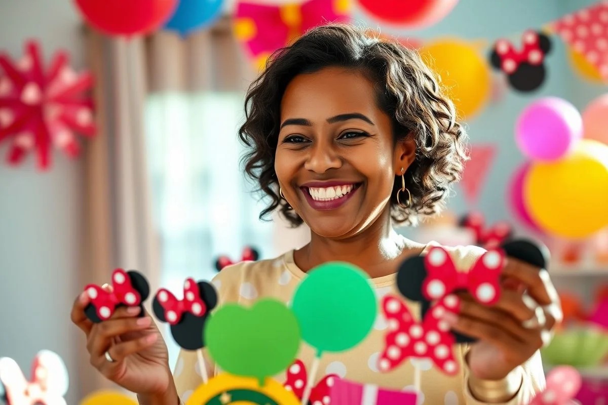 Mãe brasileira sorrindo decora festa Minnie. Decoração, festa infantil, tema Minnie, Brasil.