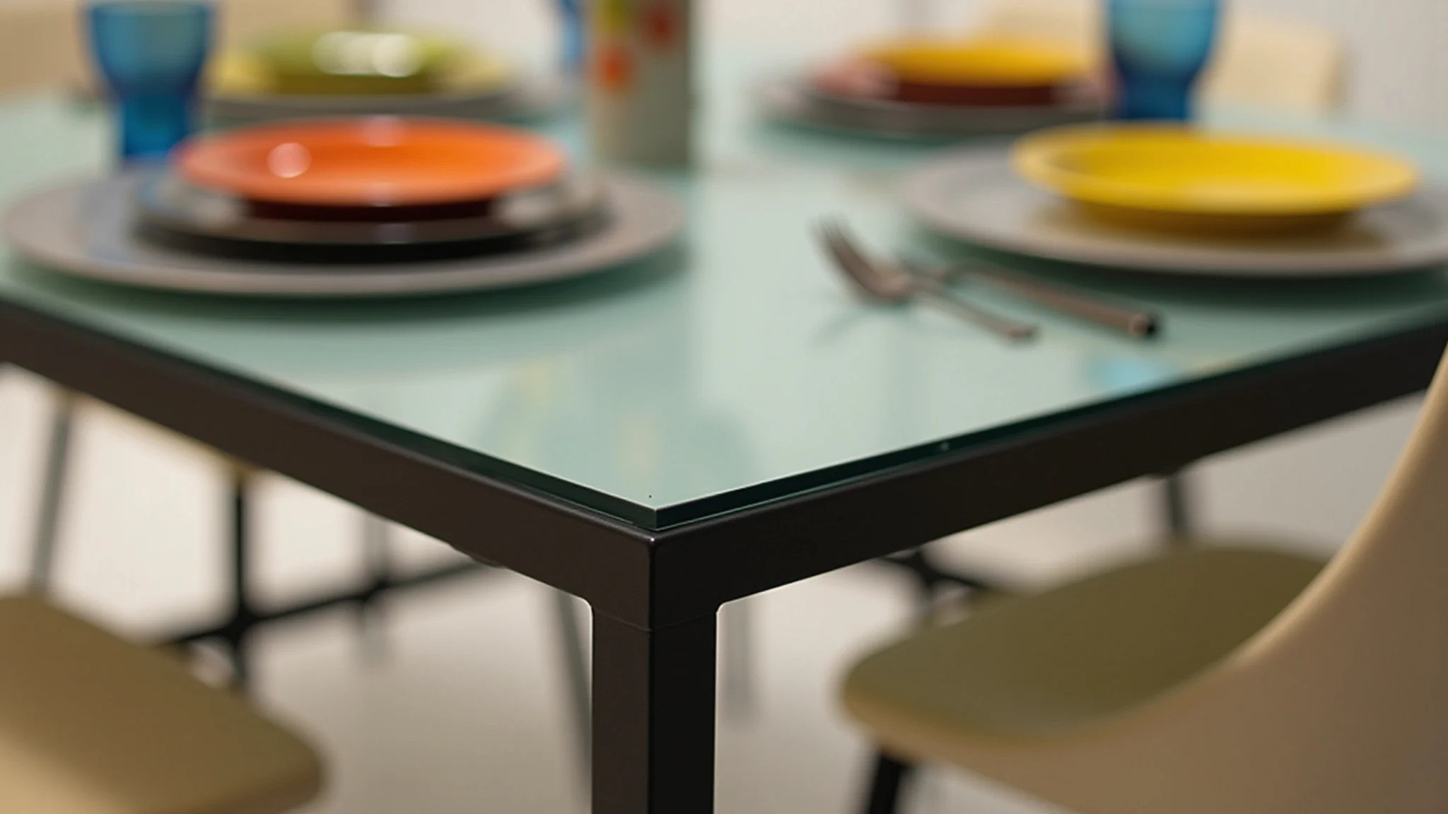 Detalhe de mesa de jantar quadrada com tampo de vidro e louça colorida.